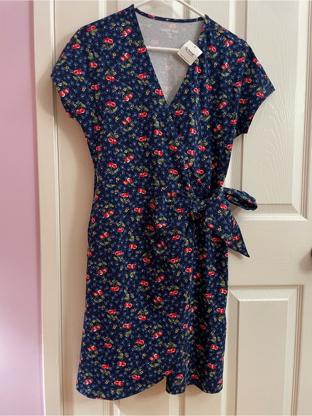 Lands' End Navy Cherry Print Wrap Dress